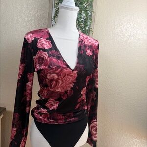 Express Red and Black Floral Bodysuit